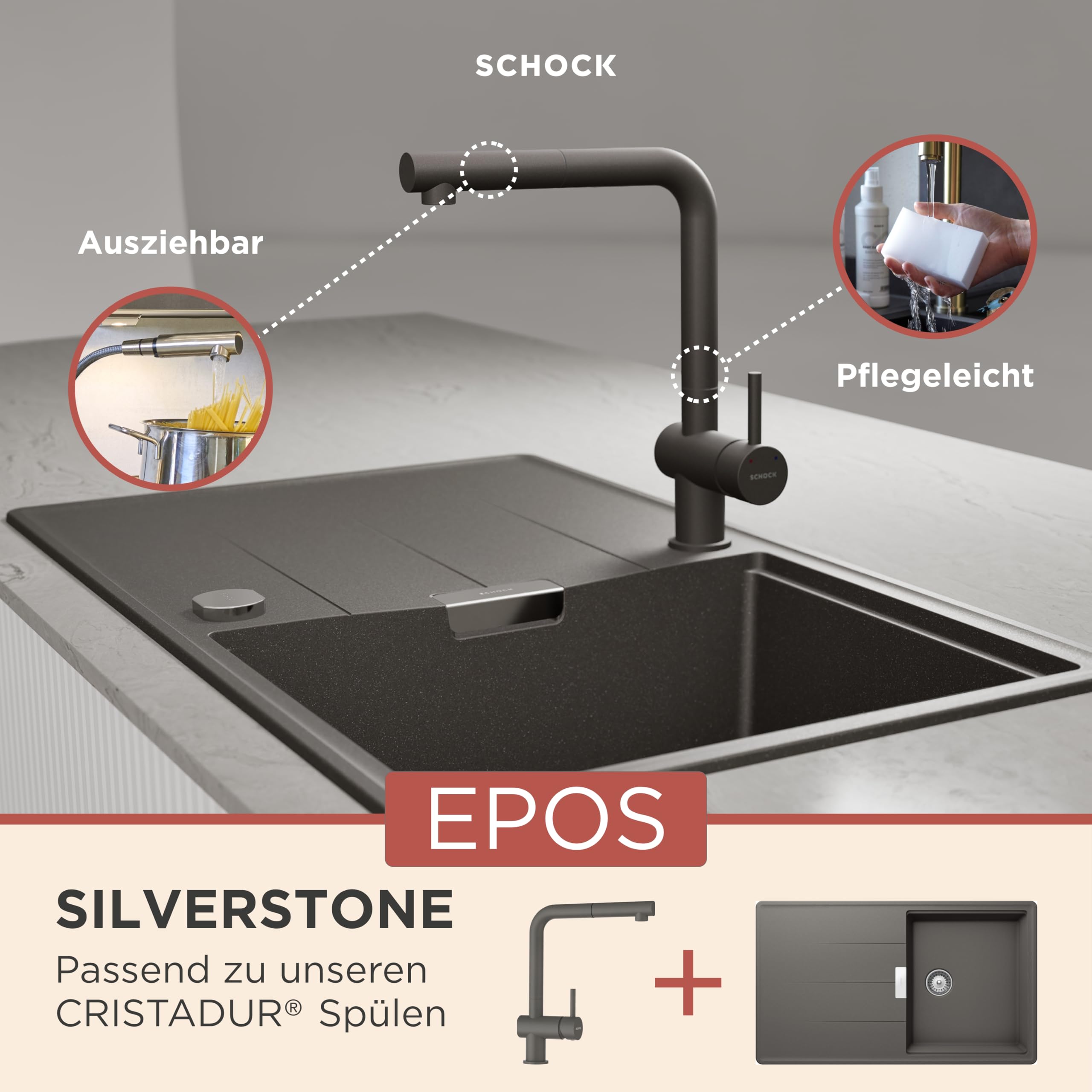 schock-epos-k-chenarmatur-silverstone-grau-hochdruck-mit-ausziehbarer-schlauchbr image 2