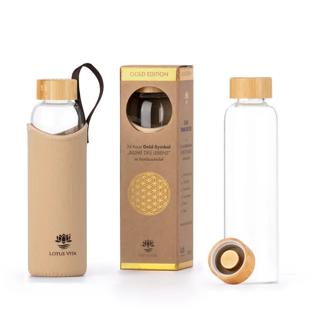 lotus-vita-glas-trinkflasche-gold-24k-vergoldung-580-ml-mit-h-lle image 1